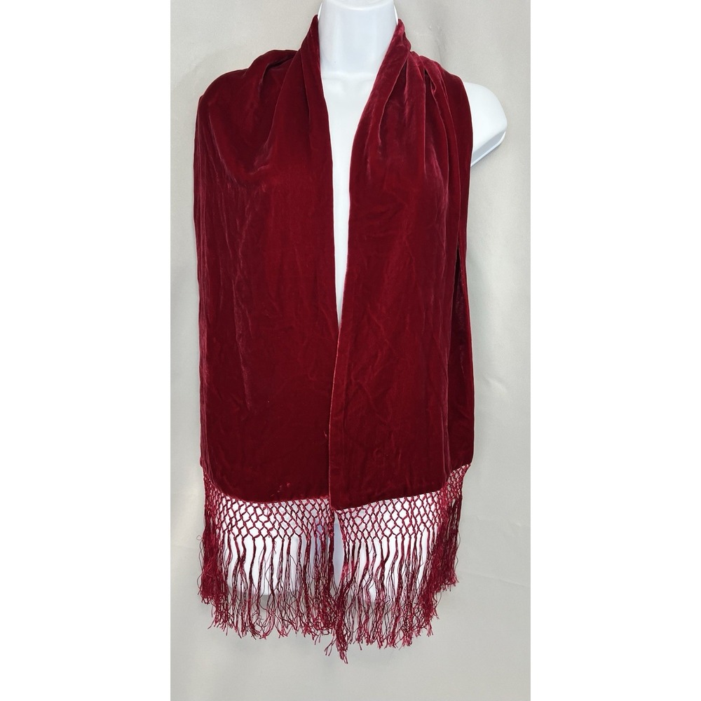 Lord & Taylor Red Velvet Long Rectangle Scarf Beaded Trim • 68"x9.5" Gorgeous!